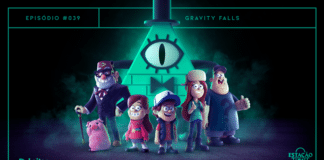 Fundo escuro. Em destaque, da esquerda para direita, personagens em 3D Waddles, Stanley Pines, Mabel Pines, Dipper Pines, Wendy Corduroy e Soos Ramirez aparecem, envoltos de neblina, à frente de um grande uma pirâmide com um olho no topo e cartola (o personagem Bill Cipher). As cores da composição variam entre azulado/arroxeado e verde neon. A imagem possui margem linear verde neon. Na parte superior, na mesma cor, há o letreiro “Episódio #039 - Gravity Falls”, e, na inferior, os logos do podcast “Estação 21” e do site “Leitor Cabuloso”