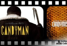 Montagem com uma pelicula de filme na horizontal, mostrando dois frames, o da esquerda mostra um recorte do postêr do filme "Candyman" que mostra o personagem do título, um homem negro de costas com um casaco escuro e um ganho no lugar da mão e uma abelha pousada no gancho, e o título do filme em amarelo. No frame da direita está a capa do livro "Candyman" da Dark Side Books, onde mostra uma colméia de abelhas no fundo e em primeiro plano o nome do autor Clive Barker e o título do livro.