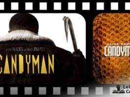 Montagem com uma pelicula de filme na horizontal, mostrando dois frames, o da esquerda mostra um recorte do postêr do filme "Candyman" que mostra o personagem do título, um homem negro de costas com um casaco escuro e um ganho no lugar da mão e uma abelha pousada no gancho, e o título do filme em amarelo. No frame da direita está a capa do livro "Candyman" da Dark Side Books, onde mostra uma colméia de abelhas no fundo e em primeiro plano o nome do autor Clive Barker e o título do livro.