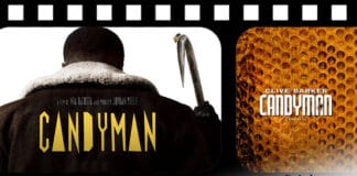 Montagem com uma pelicula de filme na horizontal, mostrando dois frames, o da esquerda mostra um recorte do postêr do filme "Candyman" que mostra o personagem do título, um homem negro de costas com um casaco escuro e um ganho no lugar da mão e uma abelha pousada no gancho, e o título do filme em amarelo. No frame da direita está a capa do livro "Candyman" da Dark Side Books, onde mostra uma colméia de abelhas no fundo e em primeiro plano o nome do autor Clive Barker e o título do livro.
