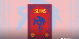 Capa do livro. Fundo vermelho com uma moldura azul. No topo, em amarelo, o título "Eslavos" e logo abaixo o texto "Os melhores contos e lendas". No centro uma silhueta preenchida em azul de um dragão com asas, sem membros e três cabeças longas.