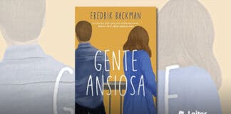 Capa do livro. Um fundo amarelo, duas pessoas vistas de costas, e também de costas uma para outra. À esquerda um homem de camisa azul e calça escura, cabelo curto e marrom. À direita uma mulher de vestido azul longo, e cabelo comprido marrom. No topo, o nome do autor em azul, e o texto: Autor do best-seller internacional "Minha Avó Pede Desculpas. No centro, em letras grande e brancas, o título "Gente Ansiosa"