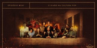 Cena do quadro “A Última Ceia" (amplo salão de aspecto antigo, com mesa retangular exposta horizontalmente). Ao invés de Jesus e seus discípulos, podemos ver os seguintes personagens, da esquerda pra direita: Lúcifer (Constantine), Black Phillip (A Bruxa), Diablo (Diablo), Nicky (Little Nicky), Lucifer (Lucifer), Diabo (O Auto da Compadecida), Kevin Lomax e John Milton (Advogado do Diabo), Hellboy (Hellboy), O Senhor das Trevas (O Mundo Sombrio de Sabrina), Damien Thorn (A Profecia) e Lúcifer (Supernatural). A composição tem aspecto sombrio, mas quente, com faíscas de fogo flutuando ao redor. A imagem possui margem linear ocre. Na parte superior, na mesma cor, há o letreiro “Episódio #041 - O Diabo na Cultura Pop”, e, na inferior, os logos do podcast “Estação 21” e do site “Leitor Cabuloso”.