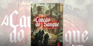 Capa do livro. Uma ilustração mostra um guerreiro com uma espada nas costas andando ao lado de um cavalo que carrega uma pessoa do tamanho de uma criança, indo em direção a um aos portões de um castelo. Em primeiro plano, o titulo do livro em branco com contorno disperso em vermelho. e logo abaixo o texto Livro I da trilogia "A sombra do corvo"