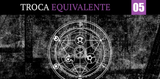 Imagem com fundo preto com detalhes semelhantes a uma textura de tecido jeans, com os detalhes em branco pálido. No centro, o círculo de transmutação humana está em branco. No topo, uma tarja preta atravessa a imagem da direita até a esquerda, escrito “Troca”, em branco com letra serifada e a palavra “Equivalente” em violeta escuro, também serifada. Ao lado do texto, um quadrado violeta escuro carrega o numeral 05 em letras brancas e garrafais. No canto inferior esquerdo, o logo do site Leitor Cabuloso está disposto em branco