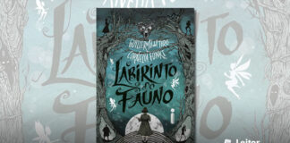 Capa do livro, ilustração mostrando a jovem protagonista voltada para o fundo da capa, com um vestido escuro, segurando um bebê no colo. O chão abaixo dela é traçado parecendo um labirinto. Ao redor dela, duas árvores enorme, cinzas e sombrias compõem a lateral da capa, onde alguns olhos brancos misteriosos aparecem nos buracos dessas arvores. As duas arvores tocam o seus galhos no topo da capa, unidos por uma estranha máscara cinza. No topo de uma árvore a silhueta de uma mulher de vestido, no da outra, a silhueta do Fauno. Na base de uma árvore a silhueta de uma homem armado, na base da outra uma silhueta esquelética. O fundo é composto por uma céu esverdeado e esfumaçado e uma enorme lua proxima a protagonista, com algumas silhuetas de pequenas fadas sobrevoando próximo ao título do livro no centro e o nome dos autores logo acima.