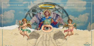 Fundo de papéis velhos, um amarelado e outro com uma fotografia de céu, divididos horizontalmente por um rasgo. Em destaque, há uma ilustração de São Miguel Arcanjo (anjo vestido com roupa de guerreiro, segurando uma espada numa mão e uma balança em outra) apenas do tronco para cima. Do tronco para baixo, a ilustração é completada pelo Homem Vitruviano com asas anexas às pernas. Há ainda um grande olho ilustrado no centro da composição, bem como anjos querubins e uma auréola ao redor. A imagem possui margem linear e textos, nas cores azul escuro e bege. Na parte superior, há o letreiro “Episódio #044 - Anjos”, e, na inferior, o logo do podcast “Estação 21” e do site “Leitor Cabuloso”.