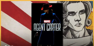 Vitrine da coluna. Em primeiro plano, no centro, o postêr da série Agente Carter, que mostra a personagem de vestido azul, chapéu vermelho escondendo o rosto e segurando uma arma, boa parte de sua imagem é coberta pelas sombras, e o fundo é escuro, à fentre dela está o título da série "Marvel - Agent Carter". No fundo da vitrine, um recorte da capa de uma história em quadrinhos que mostra Carter apontando uma arma segurando com as duas mãos, o desenho é em tons cinzas e com as cores vermelha e branca da bandeira americana no fundo.