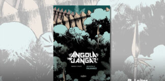 Capa da HQ. Ilustração mostrando sobre um fundo verde, dois muros formados por troncos com pontas. Em primeiro plano, o topo de arvores e mato formando um meio escuro. Em alguns pontos algumas lanças rústicas saem do meio dessa vegetação. No meio, sobre essa região escura, o título da HQ, e o texto "Uma história de Palmares".