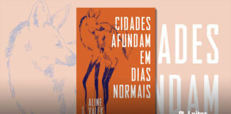 Capa do livro. Fundo laranja, à esquerda em azul, uma ilustração mostra um animal semelhante a um coiote, composta por rachurras e sem preenchimento deixando-o da mesma cor que o fundo. As extremidades de suas patas se esticam em pontas escuras até a base da capa. À direita o titulo do livro em branco ocupando toda a altura.