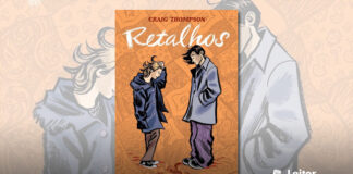 Capa da HQ. No fundo, em tom laranja, uma colcha de retalhos. Em primeiro plano, no topo o nome do autor e o título da HQ em branco. No centro, uma moça e um rapaz, um de frente para o outro com expressões tranquila, ambos de casacos grandes, ela com a mão nos cabelos loiros, calça marrom, tenis e pernas cruzada. Ele com mãos no bolsos, calças largas e roxas e tenis.