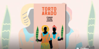 Capa do livro. Ilustração mostrando em primeiro plano duas figuras femininas lado a lado e de mãos dadas, na outra mão, cada uma segura uma longa folha verde. Suas roupas são bem coloridas, e sua pele é totalmente preta e não possuem faces. O fundo é cor creme, e no topo, em laranja, o nome do livro, e de preto o nome do autor.