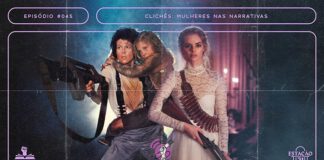 Imagem com tratamento e texturas para simular um pôster de filme antigo/capa de fita VHS. Na composição, há fotos das personagens final-girls Ellen Ripley de “Alien: o oitavo passageiro” (mulher de cabelos pretos, carregando a criança loura Newt no colo com o braço esquerdo e segurando um fuzil na mão direita) e Grace Le Domas de “Casamento Sangrento” (uma mulher loira com vestido de noiva segurando espingarda). A imagem possui margem linear e textos, nas cor lilás. Na parte superior, há o letreiro “Episódio #045 - Clichês: Mulheres nas Narrativas”, e, na inferior, o logo do podcast “Estação 21”, do site “Leitor Cabuloso” e da campanha “O Podcast é Delas 2022”.