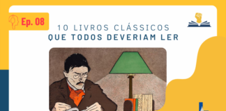 No lado superior esquerdo, tem o desenho de uma pessoa de perfil utilizando um fone e, ao lado, está escrito Ep. 08. No lado superior direito, tem a logo do Leitor Cabuloso, que é uma mão com o punho fechado saindo de um livro aberto. No centro da imagem, há o título do episódio (10 livros clássicos que todos deveriam ler) e, mais abaixo, tem uma ilustração de um homem de roupa marrom, bigode, cabelo preto e curto, óculos lendo um livro. À esquerda dele, um abajur verde junto alguns livros mais a fundo. No lado inferior direito tem a logo da Super Liga de Resenhistas que são as iniciais SLR, mas, o L está mais acima, pois, no lugar dele, tem a ponta de uma caneta tinteiro.