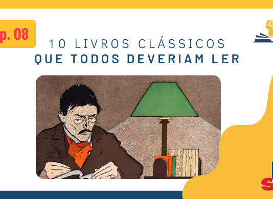 No lado superior esquerdo, tem o desenho de uma pessoa de perfil utilizando um fone e, ao lado, está escrito Ep. 08. No lado superior direito, tem a logo do Leitor Cabuloso, que é uma mão com o punho fechado saindo de um livro aberto. No centro da imagem, há o título do episódio (10 livros clássicos que todos deveriam ler) e, mais abaixo, tem uma ilustração de um homem de roupa marrom, bigode, cabelo preto e curto, óculos lendo um livro. À esquerda dele, um abajur verde junto alguns livros mais a fundo. No lado inferior direito tem a logo da Super Liga de Resenhistas que são as iniciais SLR, mas, o L está mais acima, pois, no lugar dele, tem a ponta de uma caneta tinteiro.