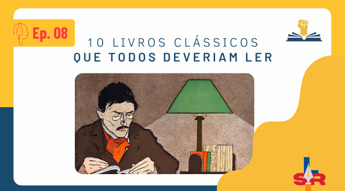 No lado superior esquerdo, tem o desenho de uma pessoa de perfil utilizando um fone e, ao lado, está escrito Ep. 08. No lado superior direito, tem a logo do Leitor Cabuloso, que é uma mão com o punho fechado saindo de um livro aberto. No centro da imagem, há o título do episódio (10 livros clássicos que todos deveriam ler) e, mais abaixo, tem uma ilustração de um homem de roupa marrom, bigode, cabelo preto e curto, óculos lendo um livro. À esquerda dele, um abajur verde junto alguns livros mais a fundo. No lado inferior direito tem a logo da Super Liga de Resenhistas que são as iniciais SLR, mas, o L está mais acima, pois, no lugar dele, tem a ponta de uma caneta tinteiro.