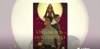 Capa do livro. Ilustração mostrando um jovem de cabelos curto e escuro, camisa cinza segurando uma flor amarela. Ele olha para cima e está entre algumas lápides sem texto nenhum e algumas velas. Atras e de costas para ele, outro jovem de casaco escuro olhando por sobre os ombros. O fundo da capa é roxo, com uma gigantesca lua em tom amarelo no topo, frente a isso um corpo humano esqueletico com vestimentas loongas, roxas e marrons, capuz e uma coroa de flores. Em primeiro plano, o título do livro em amarelo.