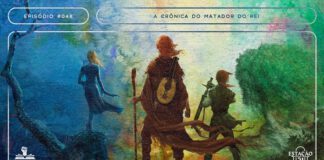 Capas dos livros “O Nome do Vento” e “O Temor do Sábio” e do spin-off “A Música do Silêncio” misturadas por meio de efeitos de tinta aquarela. À esquerda vemos uma ilustração em tons frios, de uma personagem feminina loura observando uma cidadela, sobre um grande tronco. Ao centro, em tons quentes, temos um personagem masculino ruivo, com cajado na mão e instrumento de cordas na costas, observando o horizonte com um castelo. Na direita, em tons de verde, esse mesmo personagem (?) parece com uma espada nas mãos num vale com uma árvore em destaque. A composição possui margem linear e textos nas cores branca e azul-petróleo. Na parte superior, há o letreiro “Episódio #048 - A Crônica do Matador de Rei”, e, na inferior, o logo do podcast “Estação 21” e do site “Leitor Cabuloso”.