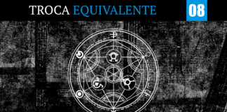 Imagem com fundo preto com detalhes semelhantes a uma textura de tecido jeans, com os detalhes em branco pálido. No centro, o círculo de transmutação humana está em branco. No topo, uma tarja preta atravessa a imagem da direita até a esquerda, escrito “Troca”, em branco com letra serifada e a palavra “Equivalente” em azul índigo, também serifada. Ao lado do texto, um quadrado azul índigo carrega o numeral 07 em letras brancas e garrafais. No canto inferior esquerdo, o logo do site Leitor Cabuloso está disposto em branco.