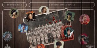 Fundo de madeira escura. Em destaque, há uma fotografia antiga e amassada de uma turma típica de colegial japonês (cena do filme “Battle Royale”). Sobre a foto e ao seu redor, há diversos adesivos amassados e rasgados com imagens de personagens dos filmes “Jogos Vorazes”, “Escape Room” e “Bacurau” e das séries “3%” e “Round 6”. A composição possui margem linear e textos na cor branca. Na parte superior, há o letreiro “Episódio #050 - O Gênero Battle Royale”, e, na inferior, o logo do podcast “Estação 21” e do site “Leitor Cabuloso”.