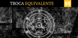 Imagem com fundo preto com detalhes semelhantes a uma textura de tecido jeans, com os detalhes em branco pálido. No centro, o círculo de transmutação humana está em branco. No topo, uma tarja preta atravessa a imagem da direita até a esquerda, escrito “Troca”, em branco com letra serifada e a palavra “Equivalente” em amarelo mostarda claro, também serifada. Ao lado do texto, um quadrado amarelo mostarda claro carrega o numeral 07 em letras brancas e garrafais. No canto inferior esquerdo, o logo do site Leitor Cabuloso está disposto em branco.