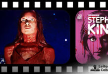 Montagem com uma pelicula de filme na horizontal, mostrando dois frames, o da esquerda mostra um recorte de um cena do filme "Carrie, A Estranha" de 1976, onde está a personagem Carrie, vista do busto pra cima, ela está coberta de sangue, e com olhar assustador, em um fundo azul escuro. No frame da direita está um recorte da capa do livro Carrie, edição da Suma das Letras, em tom rosa, a capa mostra o rosto de Carrie, no topo o nome do autor "Stephen King" em branco, e sangue vermelho escorre pela capa.