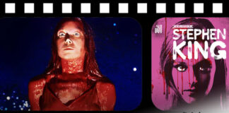 Montagem com uma pelicula de filme na horizontal, mostrando dois frames, o da esquerda mostra um recorte de um cena do filme "Carrie, A Estranha" de 1976, onde está a personagem Carrie, vista do busto pra cima, ela está coberta de sangue, e com olhar assustador, em um fundo azul escuro. No frame da direita está um recorte da capa do livro Carrie, edição da Suma das Letras, em tom rosa, a capa mostra o rosto de Carrie, no topo o nome do autor "Stephen King" em branco, e sangue vermelho escorre pela capa.