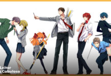 Fundo branco. Da esquerda para a direita: Rapaz de cabelo roxo, sueter e gravata verde calça azul encarando garota loira de agazalho cinza e saia preta. Garota Ruiva com laços vermelhos de bolinhas brancas, agazalho cinza, saia e meia fina pretas segurando um esfregão que parece um pincel sujo de tinta vermelha. Rapaz alto olhando para a esquerda com agazalho cinza, gravata vermelha e calça preta segurando um pincel. Rapaz de cabelo vermelho segurando uma rosa com uma camisa branca e calça preta. Rapaz de cabelo marrom, camisa azul, gravata e calça azul escuras segurando uma regura em cada mão. Garota de cabelo azul, casaco preto, saia azul segurando uma espada cenografica.