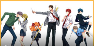 Fundo branco. Da esquerda para a direita: Rapaz de cabelo roxo, sueter e gravata verde calça azul encarando garota loira de agazalho cinza e saia preta. Garota Ruiva com laços vermelhos de bolinhas brancas, agazalho cinza, saia e meia fina pretas segurando um esfregão que parece um pincel sujo de tinta vermelha. Rapaz alto olhando para a esquerda com agazalho cinza, gravata vermelha e calça preta segurando um pincel. Rapaz de cabelo vermelho segurando uma rosa com uma camisa branca e calça preta. Rapaz de cabelo marrom, camisa azul, gravata e calça azul escuras segurando uma regura em cada mão. Garota de cabelo azul, casaco preto, saia azul segurando uma espada cenografica.