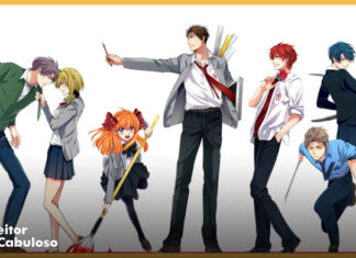 Fundo branco. Da esquerda para a direita: Rapaz de cabelo roxo, sueter e gravata verde calça azul encarando garota loira de agazalho cinza e saia preta. Garota Ruiva com laços vermelhos de bolinhas brancas, agazalho cinza, saia e meia fina pretas segurando um esfregão que parece um pincel sujo de tinta vermelha. Rapaz alto olhando para a esquerda com agazalho cinza, gravata vermelha e calça preta segurando um pincel. Rapaz de cabelo vermelho segurando uma rosa com uma camisa branca e calça preta. Rapaz de cabelo marrom, camisa azul, gravata e calça azul escuras segurando uma regura em cada mão. Garota de cabelo azul, casaco preto, saia azul segurando uma espada cenografica.