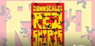 Capa do Livro. Num fundo vermelho, o título Redshirts ocupa quase todo o espaço da capa em letras amarelas, há uma quebra de linha na palavra então "red" está em cima e "shirts" está em baixo. O nome do autor, John Scalzi está no topo em letras um pouco menores também em amarelo. Em toda a capa existem pequenos bonequinhos pretos usando camisas vermelhas em posições em que eles parecem caindo ou sendo atingidos.