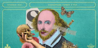 Fundo verde azulado. Em destaque, retrato ilustrado de William Shakespeare, nas cores preto, rosa, amarelo, azul e vermelho (em referência à Marilyn Monroe de Andy Warhol). Ao redor, há colagens de várias imagens: uma mão segurando um crânio, uma coroa, um punhal, flores, borboletas e uma grande letra “S” recortada de revista. A composição possui margem linear e textos na cor amarela. Na parte superior, há o letreiro “Episódio #051 - Shakespeare Também é Pop”, e, na inferior, o logo do podcast “Estação 21” e do site “Leitor Cabuloso”.