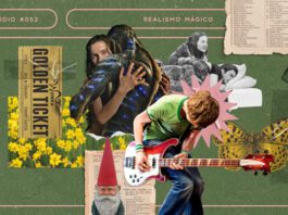 Fundo verde oliva. Composição no estilo "colagem" com as seguintes imagens: ser humanóide marinho abraçado com mulher (A Forma D'Água); bilhete de papel dourado (A Fantástica Fábrica de Chocolate); fotocópia de homem e mulher deitados numa cama (Brilho Eterno de uma Mente sem Lembranças); rapaz tocando guitarra (Scott Pilgrim contra o Mundo); gnomo de jardim (O Fabuloso Destino de Amélie Poulain), borboleta amarela (Cem Anos de Solidão); campo de narcisos (Peixe Grande e Suas Histórias Maravilhosas) e ilustração de coelho (Teleco, O Coelhinho). As imagens aparecem envoltas de páginas amareladas de livros. A composição possui margem linear e textos na cor salmão. Na parte superior, há o letreiro “Episódio #052 - Realismo Mágico”, e, na inferior, o logo do podcast “Estação 21” e do site “Leitor Cabuloso”.