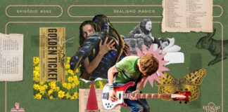 Fundo verde oliva. Composição no estilo "colagem" com as seguintes imagens: ser humanóide marinho abraçado com mulher (A Forma D'Água); bilhete de papel dourado (A Fantástica Fábrica de Chocolate); fotocópia de homem e mulher deitados numa cama (Brilho Eterno de uma Mente sem Lembranças); rapaz tocando guitarra (Scott Pilgrim contra o Mundo); gnomo de jardim (O Fabuloso Destino de Amélie Poulain), borboleta amarela (Cem Anos de Solidão); campo de narcisos (Peixe Grande e Suas Histórias Maravilhosas) e ilustração de coelho (Teleco, O Coelhinho). As imagens aparecem envoltas de páginas amareladas de livros. A composição possui margem linear e textos na cor salmão. Na parte superior, há o letreiro “Episódio #052 - Realismo Mágico”, e, na inferior, o logo do podcast “Estação 21” e do site “Leitor Cabuloso”.