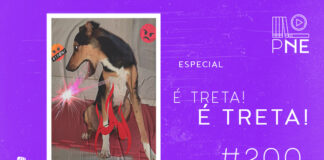 Imagem de fundo roxo com textura de corte. À esquerda no canto inferior tem a logo do Leitor Cabuloso formado por um livro aberto na cor azul e um punho levantado na cor amarela. À sua direita, a imagem do episódio mostra um cachorro vira lata mesclado de branco, caramelo e preto com o rosto virado de perfil soltando lasers pela boca e cercado por emojis bravos. À direita está escrito "Especial: #200 É treta! É treta!". Em cima, à direita, tem a logo do podcast formado por livros em pé e que vão caindo com o título "Perdidos na Estante" em cima e o símbolo de play na letra "o", na cor branca.